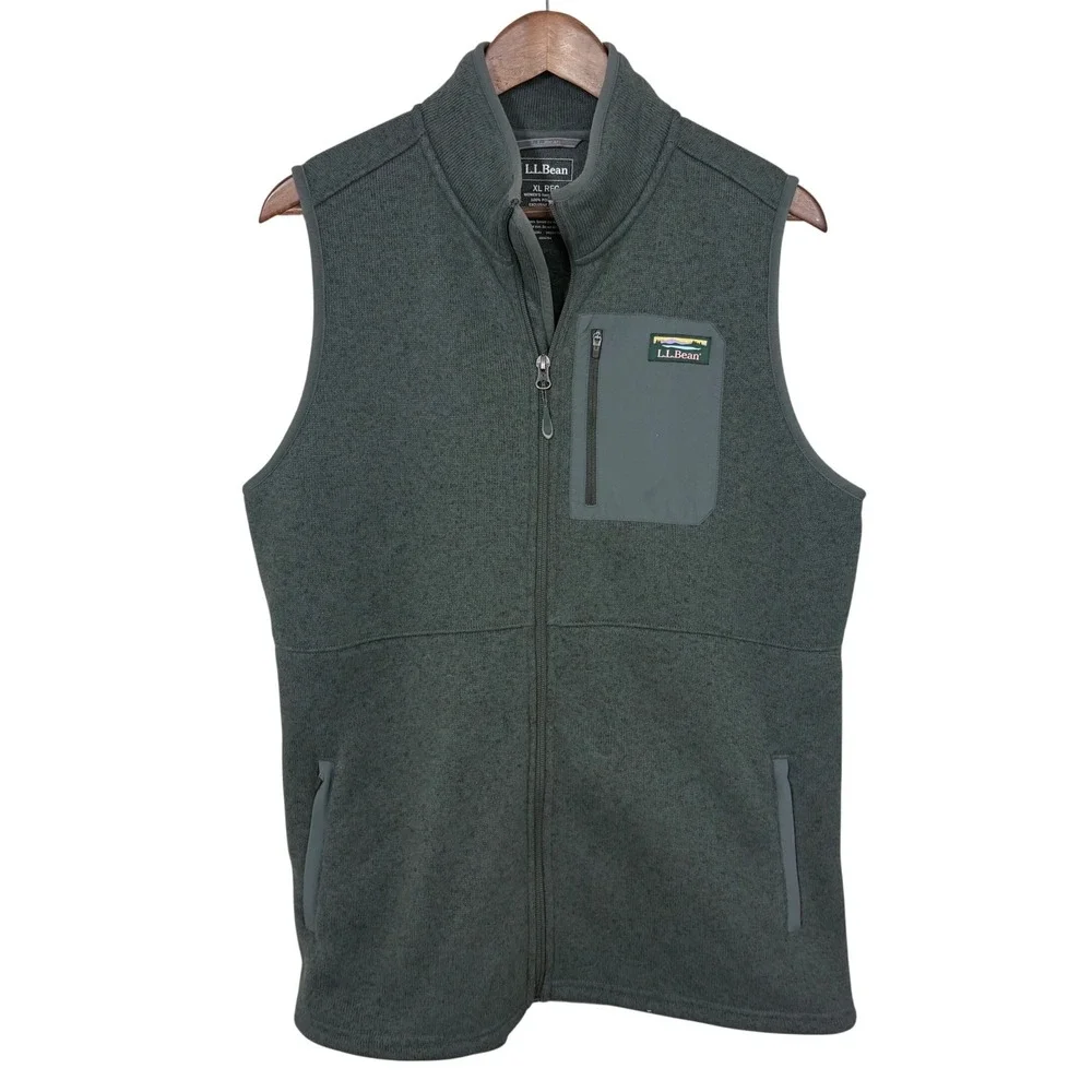LL Bean Sweater Fleece Vest XL Green Heather Full Zip Pocket Gorpcore Prep - Picture 1 of 7